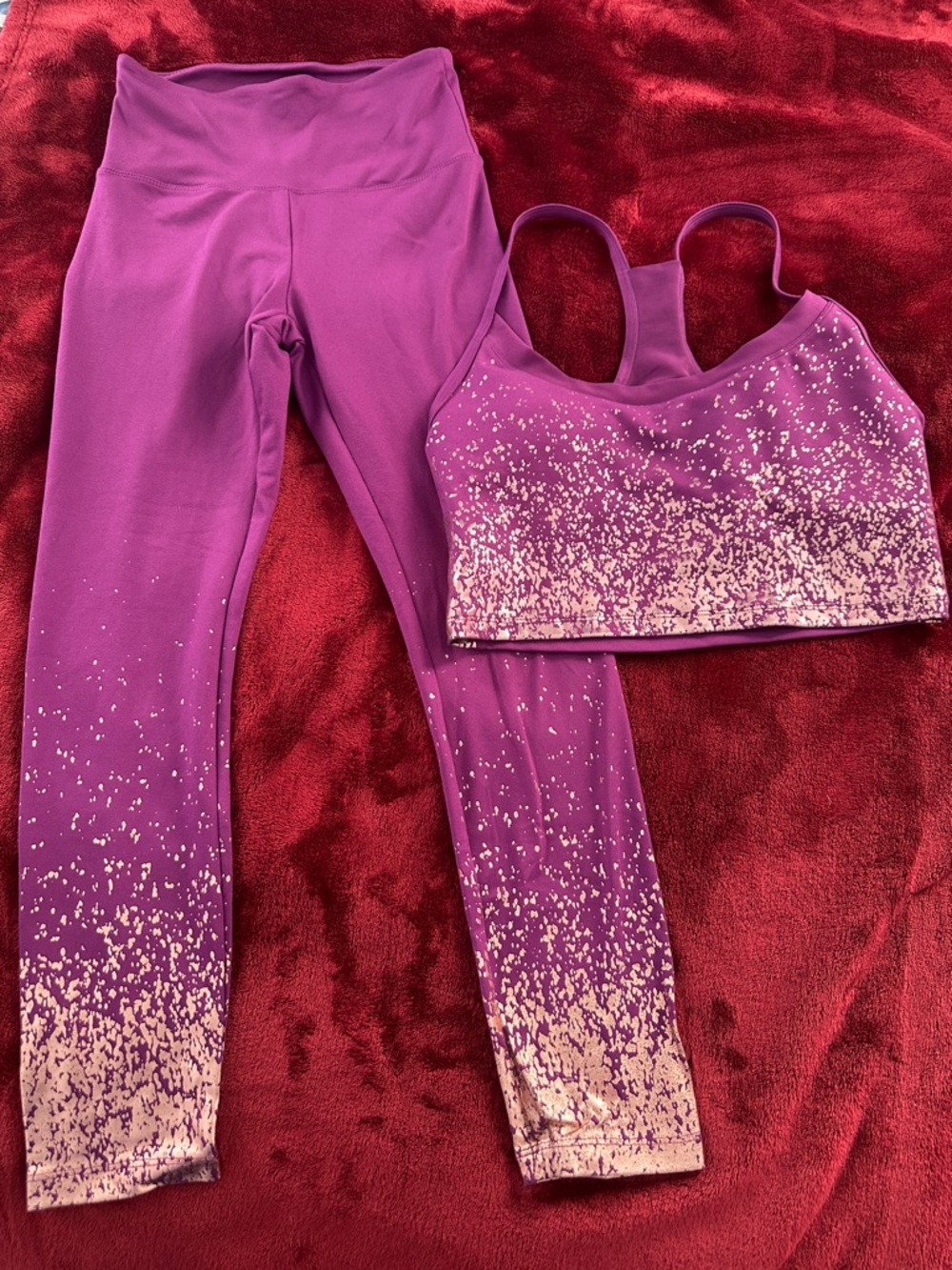 Marika Purple Leggings Racerback Sports Bra with gold design. NWOT size S